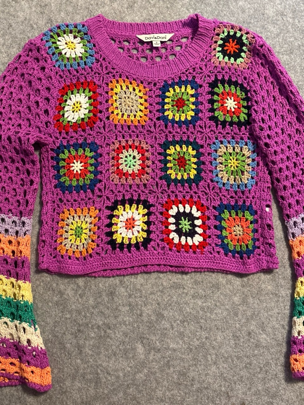 DAVI & DANI Purple Crochet Patchwork Crewneck Sweater